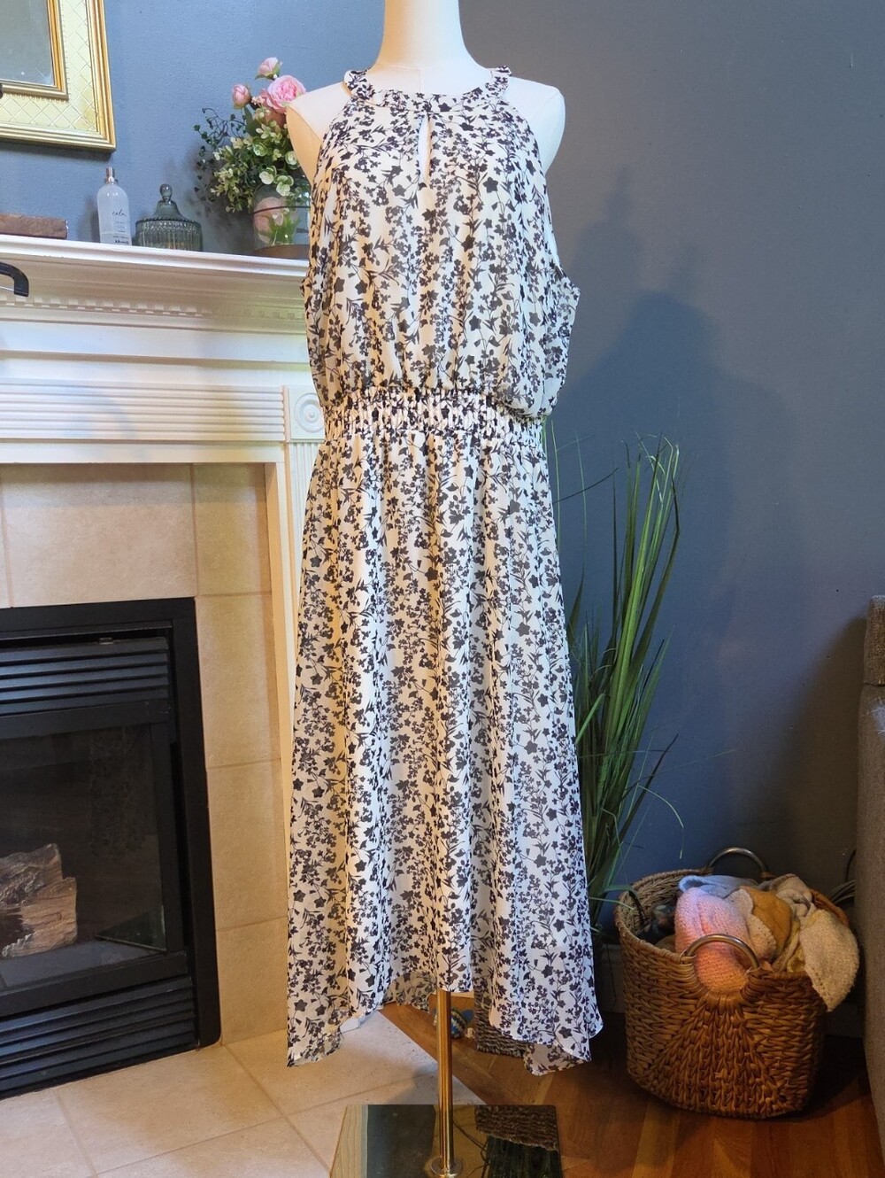 Lane Bryant Cream and Black Floral High-Low Halter Dress